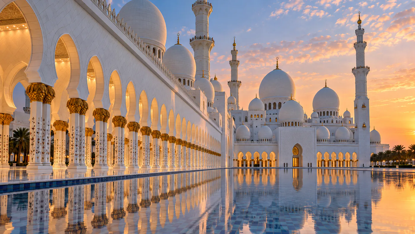 Sheikh Zayed Grand Mosque reflected at sunset