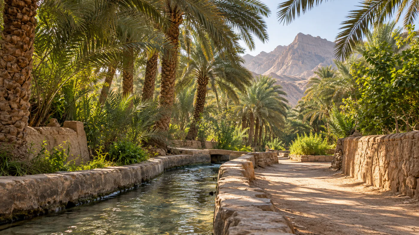 Al Ain oasis with date palms and a traditional falaj channel