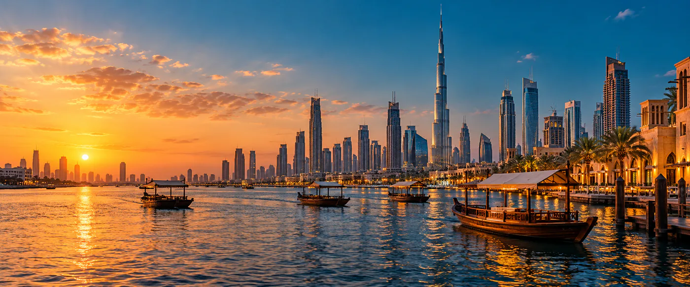 Dubai skyline and traditional abra boats at golden hour