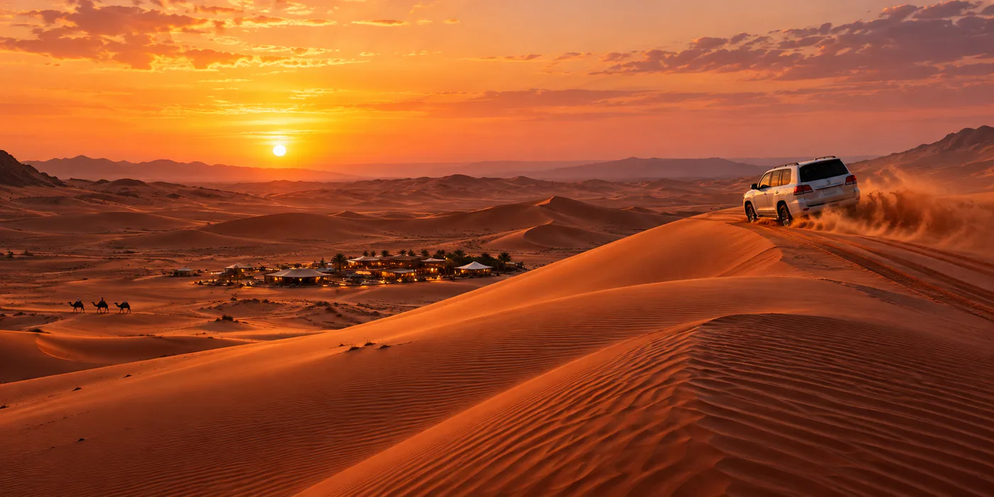 Evening desert safari across red Dubai dunes at sunset