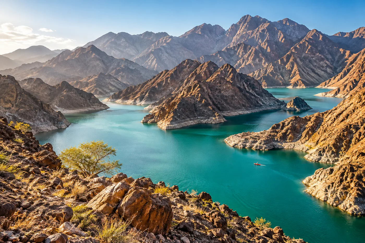Turquoise Hatta reservoir among the Hajar Mountains