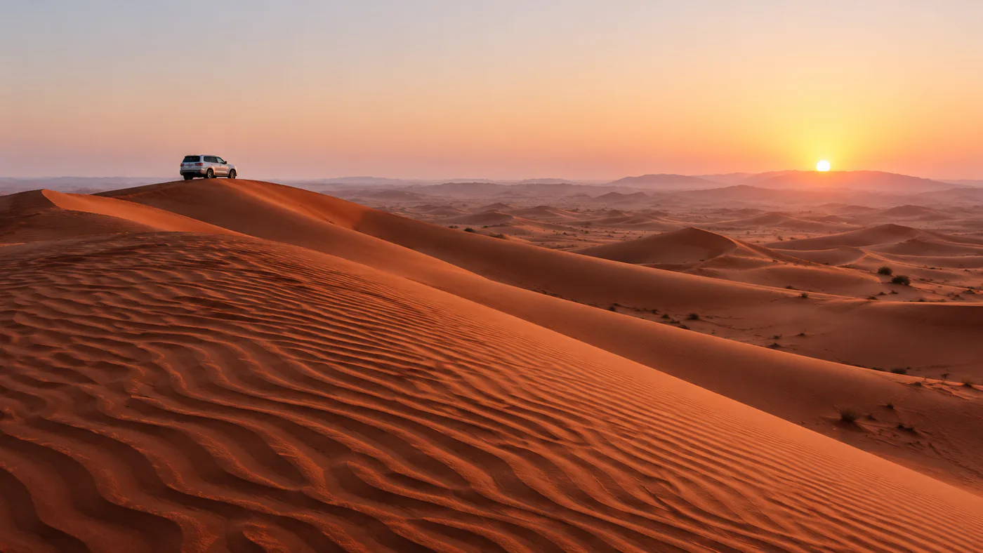 Morning light over Dubai’s red desert dunes