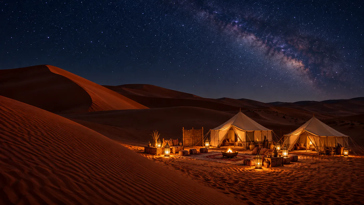Lantern-lit overnight desert camp beneath a starry sky